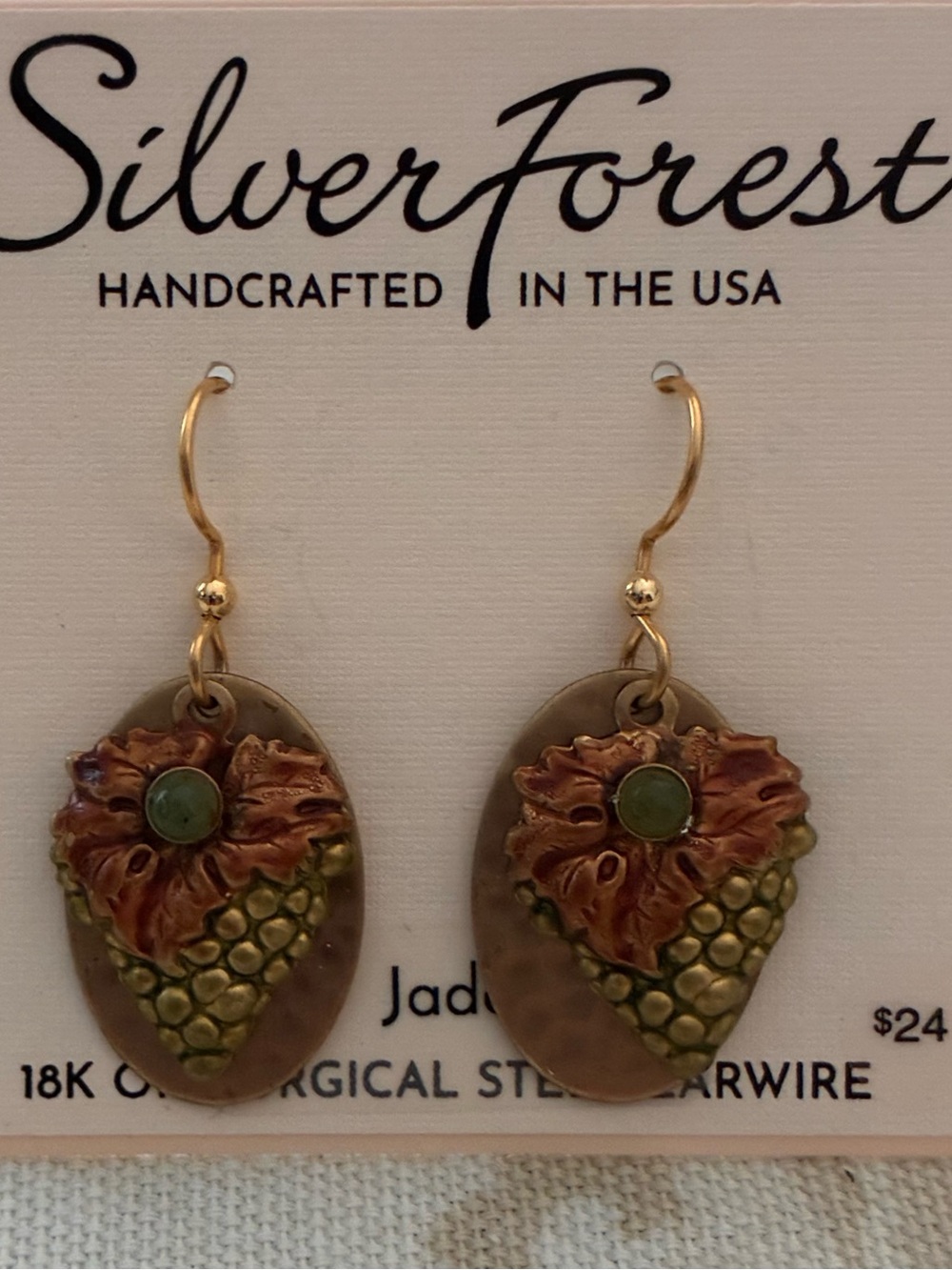 New Silver Forest Jade Earrings Copper Vineyard Motif 18K Surgical Steel